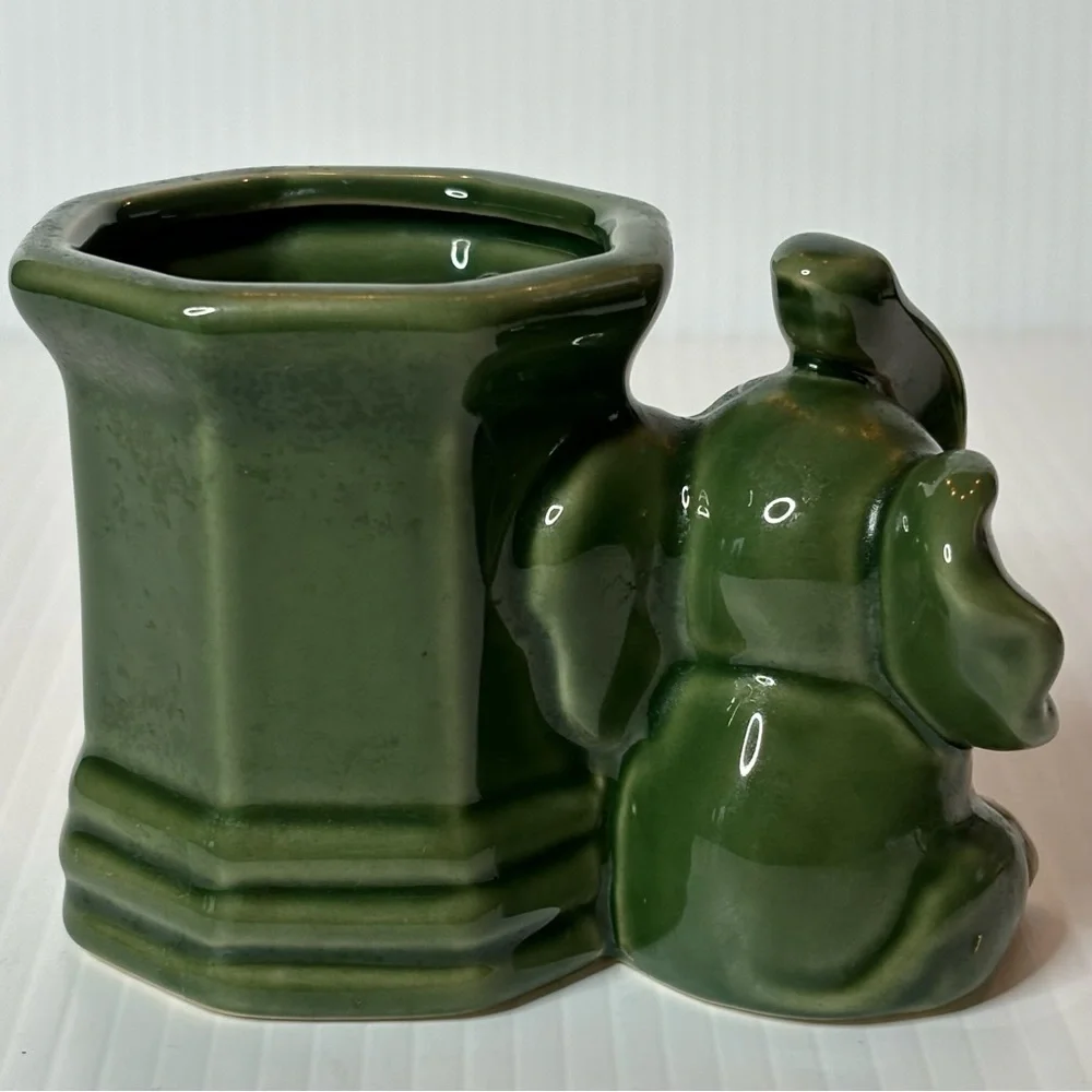 Vintage Elephant Planter Glaze Ceramic Jade Green Trunk Up-FLORAL Lucky Bamboo